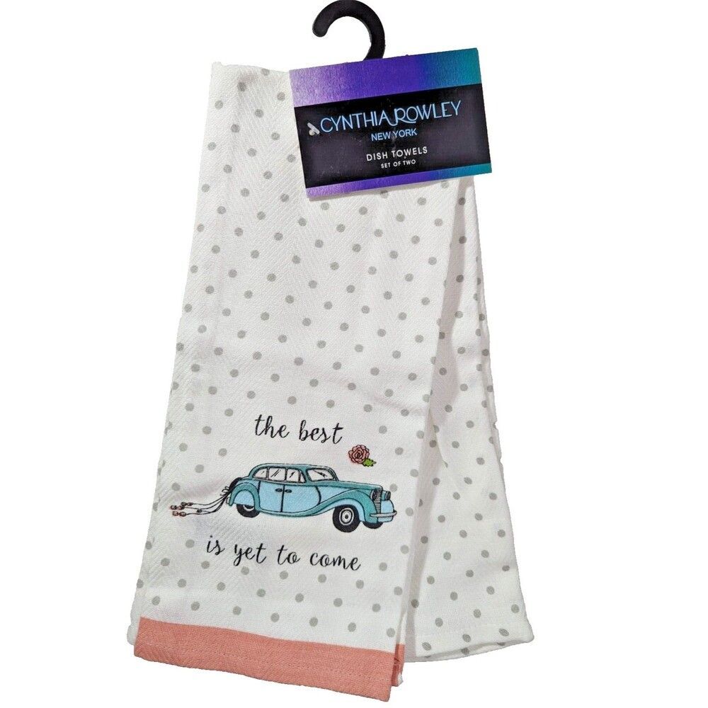 Cynthia Rowley Wedding Kitchen Towels Vintage Blue Car Gray Dots 2-Piece NEW